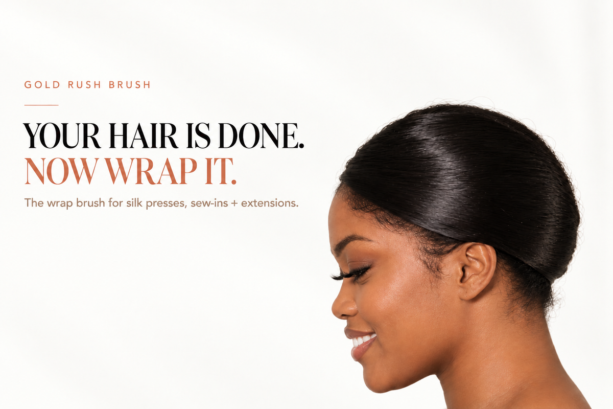 A promotional graphic for the Gold Rush Brush, showing a woman in profile with neatly wrapped dark hair on a white background, alongside the text 'YOUR HAIR IS DONE. NOW WRAP IT.